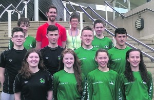 Mallow Swans taking a break at the NAC: front row: Sarah Crowley, Ella Fouhy, Aoife OShea, and Ashling Cronin; middle row: Cadan McCarthy, Killian Bolster, Mark Walsh, and Tarik Yilmaz; back row: Fionn Neenan and Conleth Aspel, with coaches Cormac Powell and Deirdre Linehan.