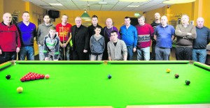 Denis Taylor on a visit to Newcastle West Snooker Club with some of the members. Newcastle West Snooker Club