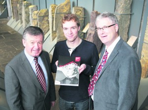 Student Alan McCarthy from Charleville with Dr Michael Murphy, President of UCC, and Professor Liam Marnane, Dean of Graduate Studies, UCC, at the launch of the fifth volume of 'The Boolean.' Photo: Donagh Glavin