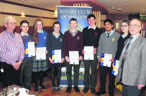 Finalists in the Rotary Club of Mallow Youth Leadership Competition, picturedi the Hibernian Hotel last Thursday, where Davis College student Jed Duane (centre) was declared winner. Also pictured are Dennis O'Sullivan, Scoil Mhuire Gan Smal Blarney, Sophie Hudner, St Mary's Charleville, Madeleine O'Connell, Scoil Mhuire Buttevant, Ian O'Sullivan, Scoil Treasa  Kanturk, Alen Joseph, Patrician Academy Mallow, and Aisling O'Sullivan, St Mary's Mallow, with David Thomas of Mallow Rotary, and Mallow Rotary President James Byrne.