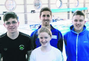 Taking a break from swimming at  at the Irish Short Course Championships in Lagan Valley Leisureplex, Lisburn, were   Cadan McCarthy, Cormac Powell (coach), Ella Fuohy and Mark Walsh, Mallow Swans Swimming Club.