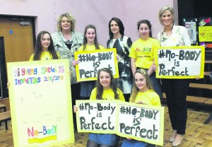YSI Students Laura Kilmartin, Maeve Conway, Aisling O'Keeffe, Eve Donnelly, Mia O'Grady, with Niamh Barry, guest speaker, Yvonne Bane, Principal, and Donna Lyons, teacher, at the launch of 'No BODY is Perfect.'