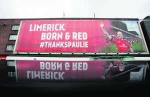 01.07.2015 Limerick City and County Council has erected a giant poster of Paul O'Connell to pay tribute to the rugby legend ahead of his Munster departure and international retirement later this year. The poster was hung on Brown Thomas, O'Connell Street, Limerick in the early hours of  Wednesday, 1st July 2015. The public are invited to join in using the hashtag #ThanksPaulie. Picture: Alan Place/Fusionshooters.