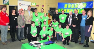 Members of Malllow Barbarians adapted tag rugby team pictured with coaches and supporters, plus rugby legend Donal lenihan and Munster rugby president Bertie Smith, at the launch of the Hub Initiative in the COPE Foundation, Quartertown, on Tuesday night.
