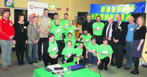 Members of Malllow Barbarians adapted tag rugby team pictured with coaches and supporters, plus rugby legend Donal lenihan and Munster rugby president Bertie Smith, at the launch of the Hub Initiative in the COPE Foundation, Quartertown,  on Tuesday night.