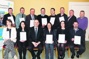 A group of business people from the North Cork area who received their certificates from Kevin Curran, Acting Manager Local Enterprise Office Mallow (front centre) following completion of the course on Accelerate Management Development at Springfort Hall Hotel Mallow. Also in the picture are course tutors Barry Moran and Padraig Considine (back right).