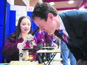 Cora Twomey, Davis College Mallow and Sean Sherlock TD, Minister of State at Department of Foreign Affairs at SciFest2016 in Cork Institute of Technology.