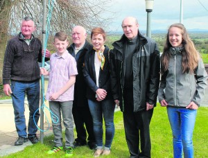 Morgan Murphy, Owen O'sullivan, John Tobin, Louise Condon, Fr. William Hennessey and Rachel Walsh at the raising of the Tricolour at the Glenbrohane 1916 Commemeration