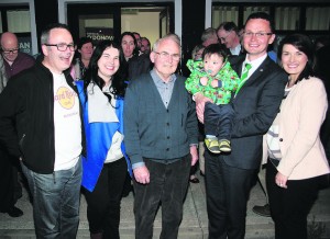 Minister of State for Tourism and Sport Patrick O'Donovan TD pictured with his brother Stephen, sister-in-law Anne Marie, uncle Stephen O'Donovan, wife Eileen and son John at his constituency office in Newcastle West on Thursday night last. George Daly Historic Homecoming to Ncw by new Minister of State for Tourism and Sport Patrick O'Donovan TD