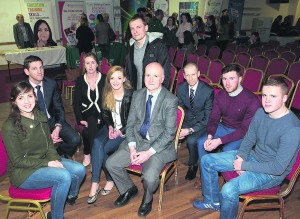 Guest speakers, Roisín Mulcahy, Gemma Linehan, Maciej Szaslarski, Jamie O'Connor and Dale Buckley with Patrick Buckley, North Cork Engineering Cluster, Mary Barrett, NCEC, Michael Loftus, Head of Faculty of Engineering and Science, CIT and John Fitzgibbon, CETB at the CIT STEM Roadshow in Mallow GAA Complex.